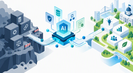 Afbeelding met de transitie van AI-uitdagingen (links) naar maatschappelijke en organisatorische waarde (rechts), met AI-governance en data als verbindende laag in het midden.