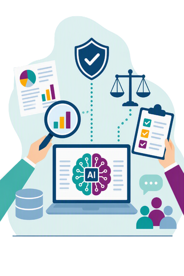 Illustratie van digitale ethiek en publieke waarden bij verantwoord gebruik van data, algoritmes en kunstmatige intelligentie. Organisaties gebruiken ethische afwegingen om transparantie, rechtvaardigheid en maatschappelijke acceptatie van AI te bevorderen.